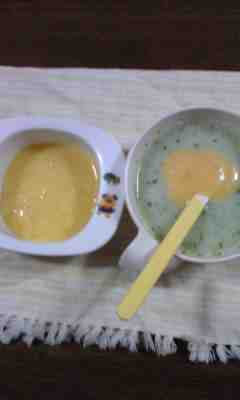 モロヘイヤ粥のポテトのせ・黄身のスープ 